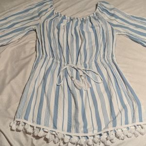 Blue & White Tassel Off the Shoulder Mini Dress
